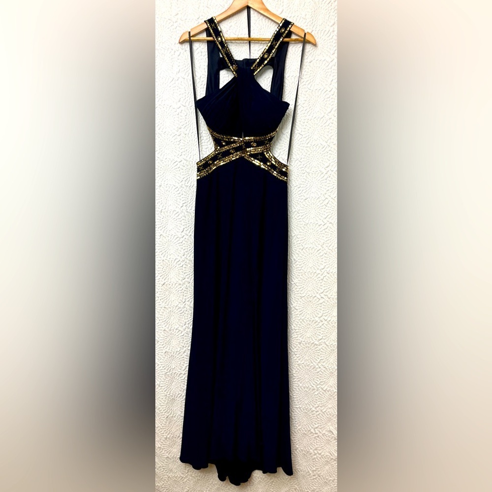 Betsy & Adam Navy Formal Gown Size 8 Gold Beaded Trim Cutout Halter Prom Pageant
